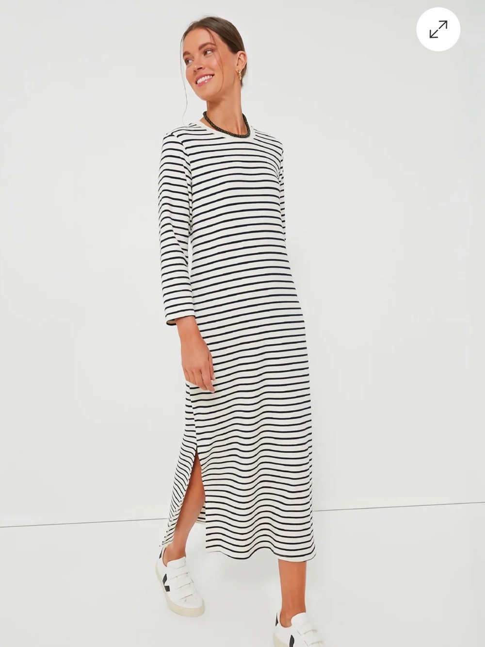 Pomander Place Black and White Striped Long Sleeve Midi Dress